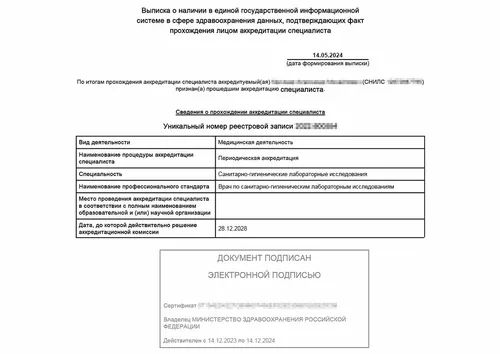 Выписка об аккредитации врача по санитарно-гигиеническим лабораторным исследованиям - Выписка об аккредитации врача по санитарно-гигиеническим лабораторным исследованиям